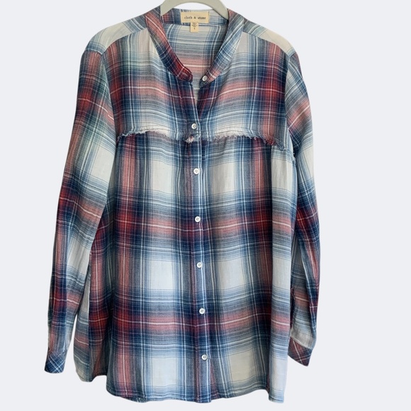Anthropologie Cloth & Stone Red Blue Cotton Plaid Collarless Button Front Top S - Picture 3 of 13